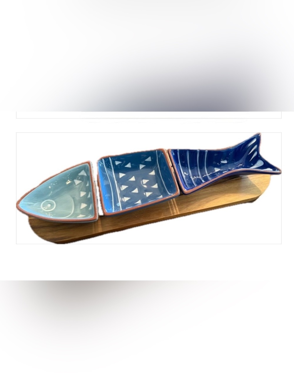 World market Fish Blue Ceramic Appetizer Dishes with Wood Tray